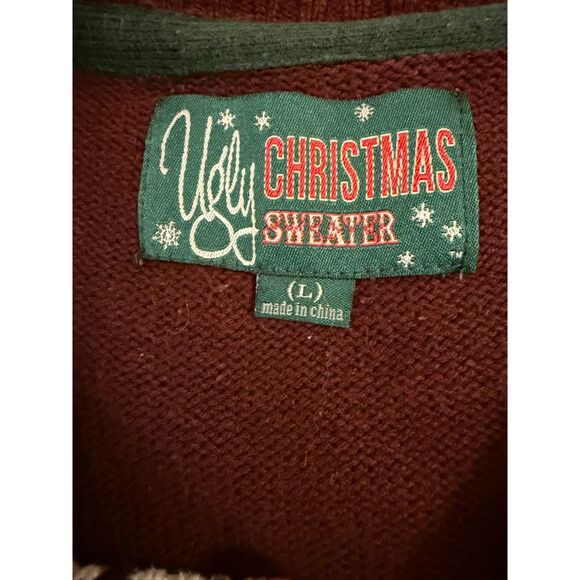 Ugly Christmas Sweater "Snow's Out Ho Ho Ho's Out" Maroon Green Deer Mens Sz L - Picture 4 of 5
